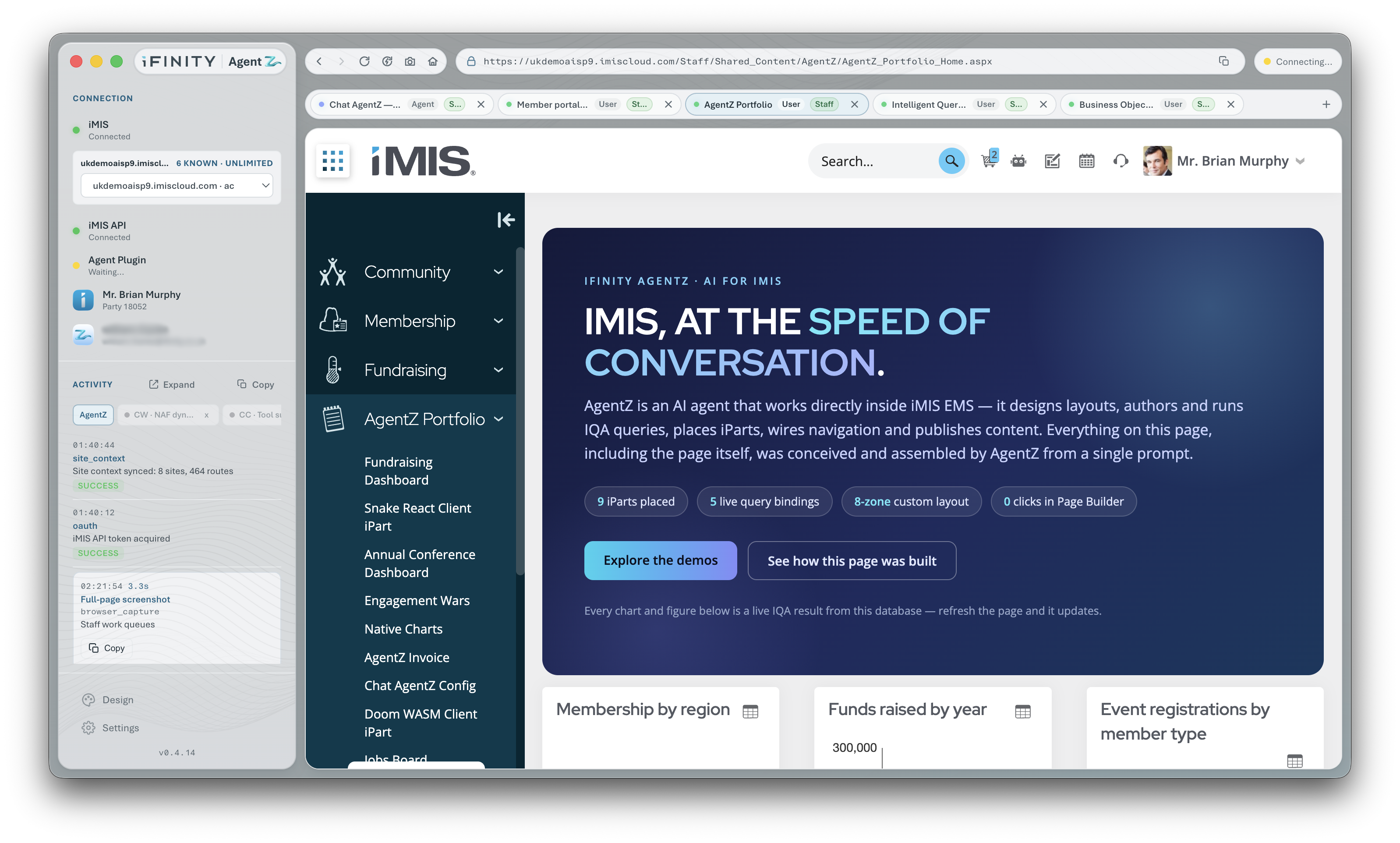 AgentZ desktop beside iMIS showing an AgentZ-built portfolio page and live dashboard cards